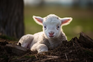 Obraz premium Portrait of a Newborn Lamb Finding its Feet in the Warm Sunshine Generative AI