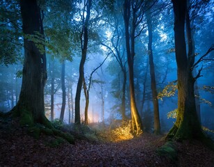 Obraz premium Mystical Forest with beaming light through the trees 