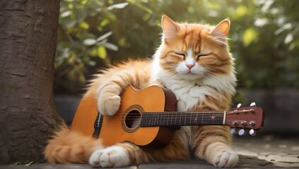 cute cat wearing trendy clothes is playing the guitar with a sad expression on his face.