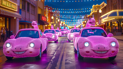 Pink sparkling cars with dinosaur features parade down a festive, lit-up street at night