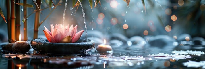 Lotus and bamboo fountain in a spa still life. Generative Ai. - obrazy, fototapety, plakaty