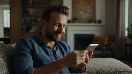 Obraz na płótnie Canvas man relaxing in living room holding smartphone.