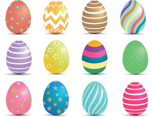 Set of colorful 3d realistic Easter eggs  in a row. Food Eggs isolated on white background. Cut out. Decorative vector elements variation collection