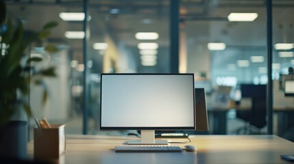 An empty white screen monitor mockup showcased against the backdrop of a modern office workspace.