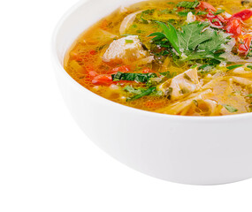 chicken noodle soup in a white ceramic bowl isolated on white