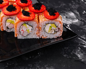 Fried Salmon Sushi with Strawberry and Caviar