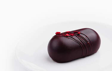 chocolate cheesecake dessert on white plate