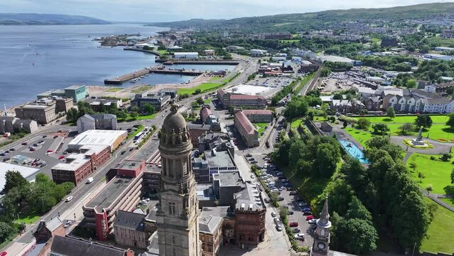 Aerial View of Greenock Town Hall, Municipal and Waterfront Buildings on Sunny Summer Day, Scotland UK