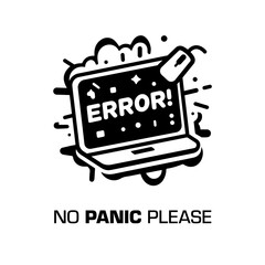 Laptop with the word ERROR written big on the screen in comic book style. Black and white vector illustration