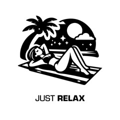 Woman enjoys sunbathing on a tropical calm beach with a caption below: Just Relax. Black and white vector illustration