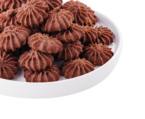 Stack of chocolate chip cookies on plate isolated