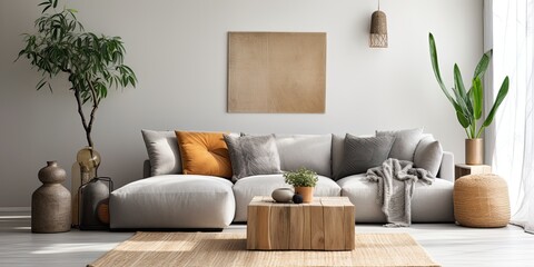 Grey corner sofa and poster in an African living room interior with a plant and pouf. Genuine photo.