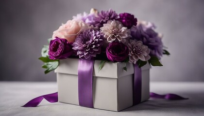 A purple ribbon gift box nestled amid roses and dahlias on a serene grey backdrop exudes elegance.