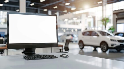 Monitor with blank white screen on table for mockup, with a background in a modern car showroom	
