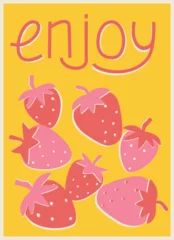 Foto auf Glas a bright summer poster with strawberries on a yellow background and the text enjoy © Elizaveta