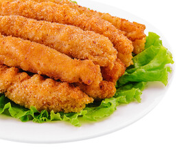 chicken nuggets on lettuce isolated on white
