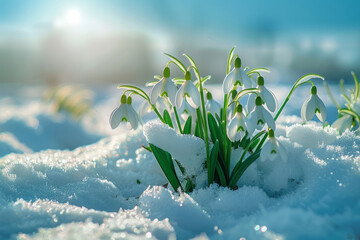 Snowy meadow of snowdrops on a sunny day. End of winter, meeting spring. - 753524177