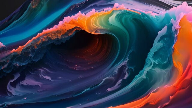 Video animation of abstract image appears to be a vibrant, swirling wave of colors. The dominant hues include shades of blue, green, orange, and purple, blending seamlessly into each other.