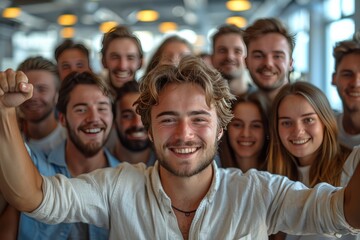 Fototapeta premium Team Success: Smiling professionals embodying synergy for a thriving corporate future.