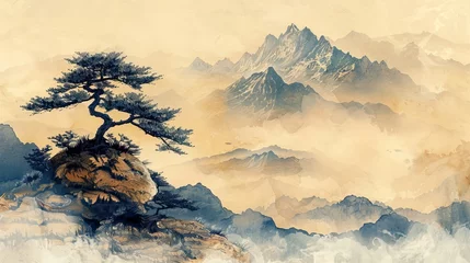 Fotobehang 木と自然風景の水墨画,Generative AI AI画像 © beeboys
