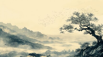 木と自然風景の水墨画,Generative AI AI画像