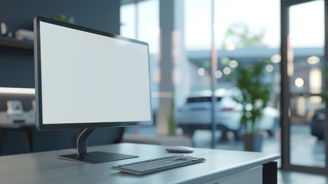 A monitor placed on a table with a blank white screen for mockup purposes, set against the backdrop of a modern car showroom.