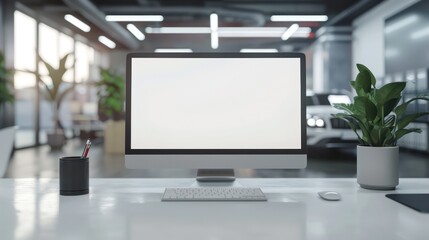 blank white screen monitor for mockup, with a backdrop of a modern car showroom.