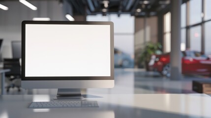A monitor laptop with a blank white screen on a table, set against the backdrop of a modern car showroom.
 - Powered by Adobe