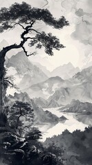 木と自然風景の水墨画,Generative AI AI画像