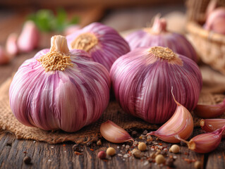 heads of garlic on a wooden background