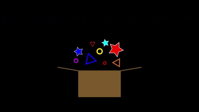 Animation of appearance of gift box from which holiday candies and gifts are bursting out on black background.
