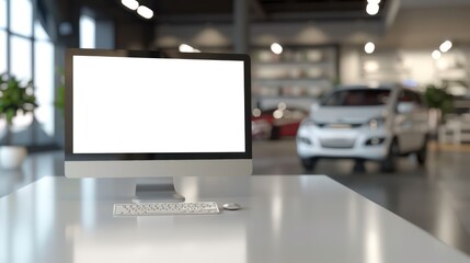 A monitor with a blank white screen on a table, set against the backdrop of a modern car showroom.
