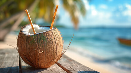 fresh coconut drink on the tropical beach