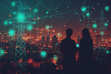 Obraz premium digital power grid over cityscape