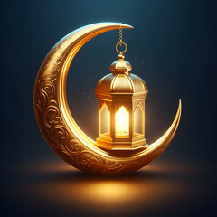 Golden crescent moon with a lantern, Islamic festival, celebrating Ramadan, Isolated on a dark blue background