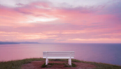 bench at sunset (hill with sea view) - obrazy, fototapety, plakaty