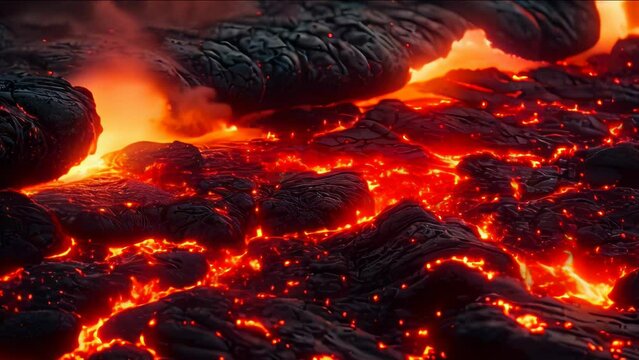 Video animation of  lava flow. The molten rock, glowing in bright red and orange hues, is seen moving, illuminating the dark surroundings with its heat and light. Darkened solidified rocks are visible