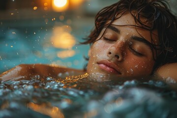 A relaxed young man submerged in water with droplets splashing around him in an outdoor setting