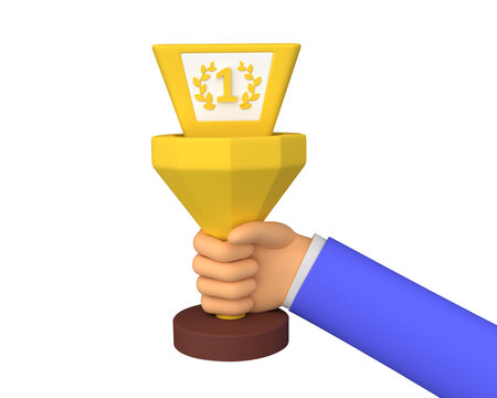 recommend clip art: Champion holds a trophy cup in his hand. Victory celebration concept. 3d rendering