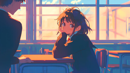 Anime girl who tries to get to know the guys in class - obrazy, fototapety, plakaty