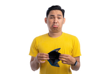 Handsome Asian man showing empty wallet with sad facial expression isolated on white background