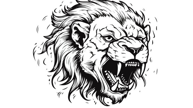 Wild lion illustration. Aristocrat skull. Black and white.