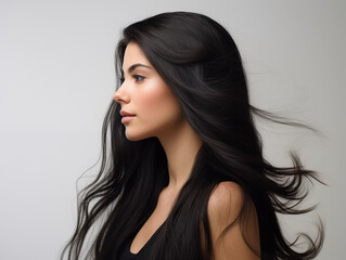 Fototapeta premium International Women's Day. Long healthy black hair. Skin natural beauty, smooth skin for Care and hair products. Model girl, smiling woman.