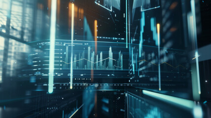 Futuristic financial data analysis hologram in a digital space.