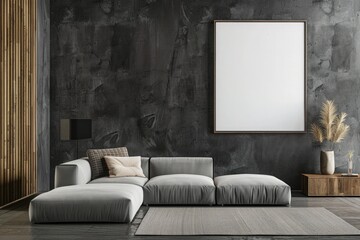 Elegant minimalist lounge interior with a comfortable modern sofa, textured dark wall, and framed blank canvas.
