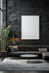 Elegant minimalist lounge interior with a comfortable modern sofa, textured dark wall, and framed blank canvas.