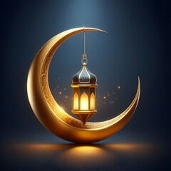 Naklejka premium Golden crescent moon with a lantern, Islamic festival, celebrating Ramadan, Isolated on a dark blue background