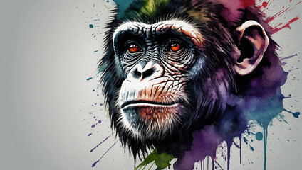 Powerful colorful monkey face, monochrome background. generative AI