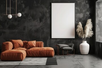 Elegant minimalist lounge interior with a comfortable modern sofa, textured dark wall, and framed blank canvas.