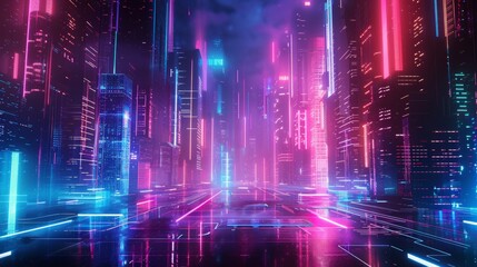 A digital abstract landscape with neon lights and futuristic city elements, perfect for modern tech presentations.